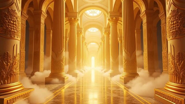 Stunning celestial sanctuary video with golden pillars, ethereal clouds, and atmospheric fog effects for immersive digital art and captivating visuals