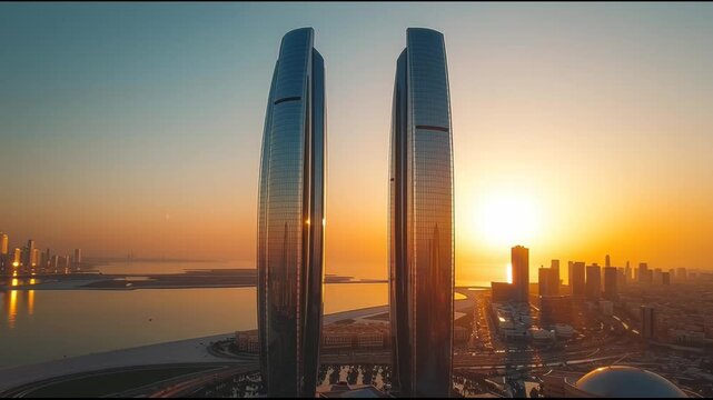 Etihad Towers in Abu Dhabi at sunset.
