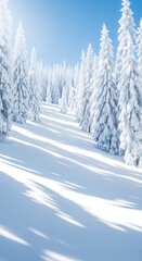 Obraz premium Sunlit Snowy Forest with Tall Pine Trees and Long Shadows winter evergreen