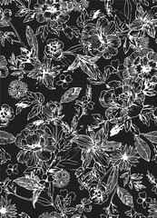 The modern blue of floral textile tropical bicolor grey and blue flower and leaves miniprint flowers geometric textile for clothes. A Seamless hand drawing pattern.