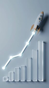 Elevated top-down video of a minimalist wooden rocket model ascending a glowing line graph with a rising bar chart, upward tracking video in a 9:16 frame. Concept of corporate progress and success
