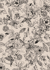 The modern blue of floral textile tropical bicolor grey and blue flower and leaves miniprint flowers geometric textile for clothes. A Seamless hand drawing pattern.