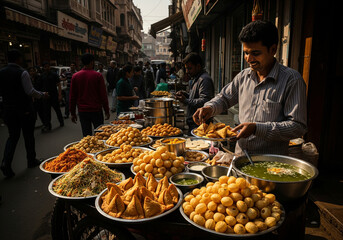 Indian street food market with vendors preparing traditional snacks and people enjoying local cuisine – vibrant scene of culture and lifestyle.