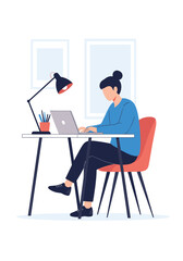 Young woman working on laptop at desk in home office setup