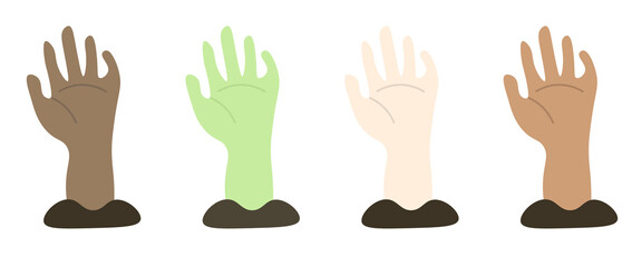 Fototapeta premium A set of zombie hands on a white background. An isolated collection of rotten blue hands with damage. Hands from the graves