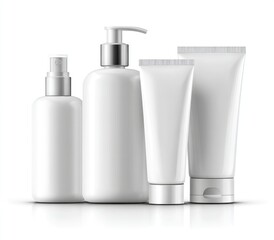 Four sleek, white cosmetic containers; a pump bottle, spray bottle, and two tubes, all on a reflective surface against a white backdrop