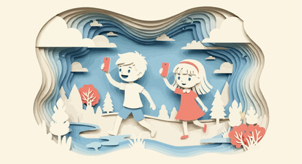 Whimsical paper art illustration of a boy and girl on a digital adventure in a layered natural landscape