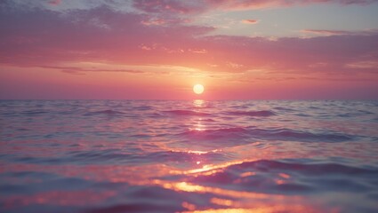 Sunset over the ocean with vibrant pink and purple clouds reflecting on the water.