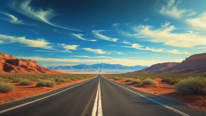 Naklejka premium Long road through desert landscape under blue sky with clouds.