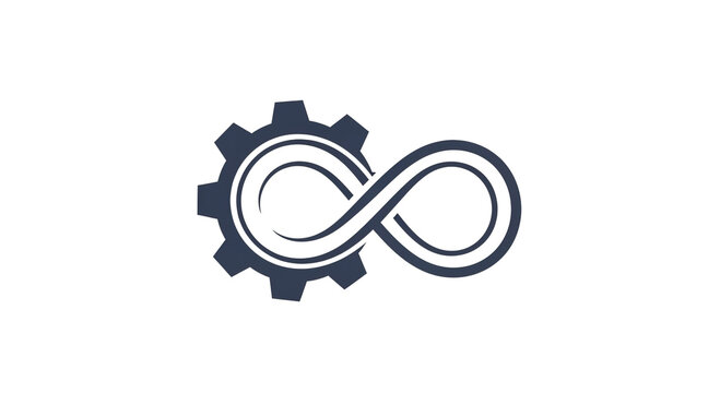 A stylized image of a gear connected to an infinity symbol on a black background design element