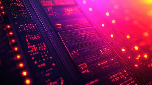 Server Rack Illuminated with Red and Pink Lights, Data Processing Concept