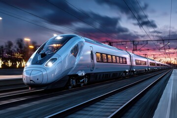 Fototapeta premium Modern high speed train on tracks at dusk