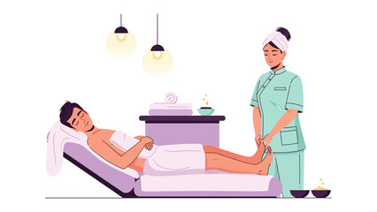 Man receiving spa treatment while attendant oversees procedure in a serene salon setting