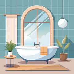 Sophisticated Elegant Minimalist Bathroom Space with Marble Platform, Wood Vanity, and Bright Natural Light, Ai Generated