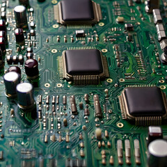 An intricate circuit board, highlighting the complex pathways, microchips, and connections that drive modern technology. The photo encapsulates the very essence of technology.