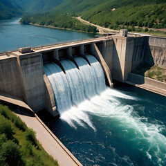 Majestic view of a massive dam with gushing water, showcasing engineering marvel and the power of nature. The cascading water creates a dynamic display of natural forces.