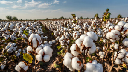 A vast expanse of cotton fields unfolds, presenting a close-up of fluffy cotton plants, the image is crisp and in sharp focus, a pure and natural harvest. 