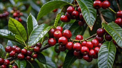 A close-up of a branch laden with ripe, vibrant red berries, showcasing the beauty of nature's bounty. with an impressive composition of detail.