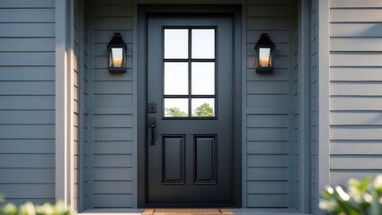 A front door with black window panes, mounted lantern lights, and modern gray clapboard siding.