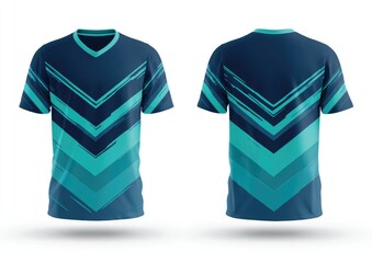 Teal and navy V-neck short-sleeve shirt mockup showcasing a geometric, abstract chevron pattern on front and back views against a white background