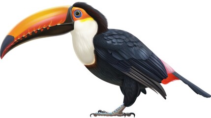 Fototapeta premium Illustrated toucan with a large, colorful beak, standing against a white background