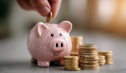 Hand dropping coin into a pink piggy bank, stacks of coins nearby. Bright lighting
