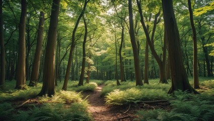 Obraz premium A peaceful forest scene with tall trees, green foliage, and a dirt path running through the woods. Nature and outdoor environment. Forest trail. The tranquility of woodland.