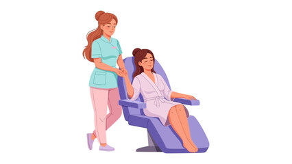 A caring medical professional assists a patient seated in a comfortable examination chair