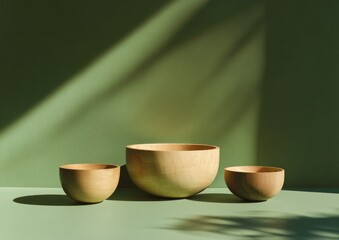 Three light-brown wooden bowls sit on a sage green surface, bathed in diagonal sunlight casting shadows