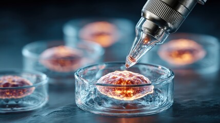 Microscopic fertilization with cell research inside of laboratory beakers to develop scientific study and experiment for vaccine development