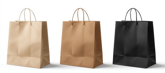 Three paper shopping bags in light brown, medium brown, and black, displayed on a white background.  The bags have simple, slightly twisted rope handles