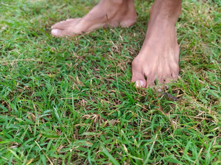 Bare feet of a person on green grass, close-up, low-angle shot. Man's feet standing on a lawn outdoors. A pair of feet on fresh green grass