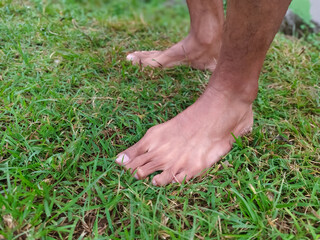 Bare feet of a person on green grass, close-up, low-angle shot. Man's feet standing on a lawn outdoors. A pair of feet on fresh green grass