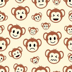 seamless pattern featuring cartoon monkey faces with various expressions