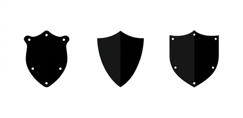 Three simple black shield icons, varying in detail; one features rivets