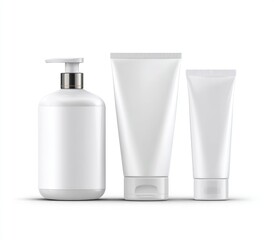 Three sleek, white cosmetic containers a pump bottle and two tubes, isolated on a stark white background, showcasing clean, minimalist design