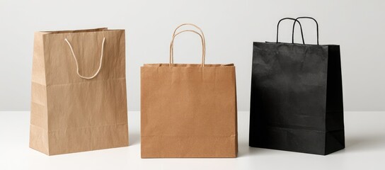 Three paper shopping bags in light brown, medium brown, and black stand on a white surface, showcasing variations in color and handle material
