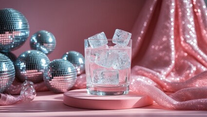 Glittering disco balls and ice cubes in a glass on a pink surface with a shiny pink cloth in the background.
