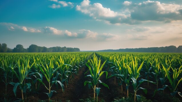 Lush green crops in a farm with a partly cloudy sky, showcasing agriculture, growth, and nature.