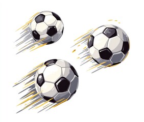 Three soccer balls in dynamic motion, depicted with stylized speed lines, against a white background