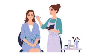 Professional makeup artist applying cosmetics to a smiling woman in a salon setting with beauty products