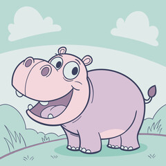 A cheerful cartoon hippopotamus with a wide smile stands in a grassy field under a pale blue sky with clouds