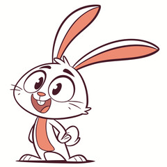 A cheerful cartoon white bunny with large expressive eyes and long ears stands happily