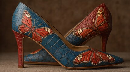 High heel shoes with red butterfly pattern on leather.