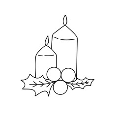 A candle holder with two candles and a bunch of berries