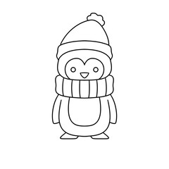 A penguin wearing a hat and scarf is standing on a white background