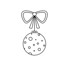 A white and black drawing of a Christmas ornament with a bow