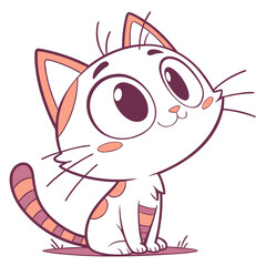Adorable cartoon cat with big eyes and striped tail sitting on grass looking up curiously