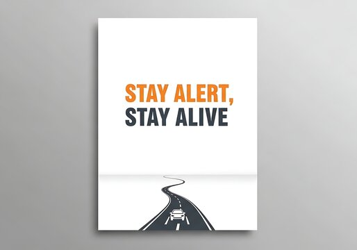 Minimalist graphic illustration promoting road safety and driver awareness for a safe journey