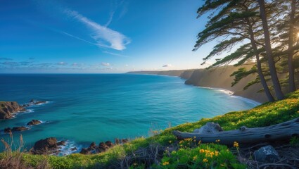 Obraz premium Coastal landscape with ocean, cliffs, and trees under blue sky. Nature scenery with greenery, rocky shoreline, and vibrant weather.